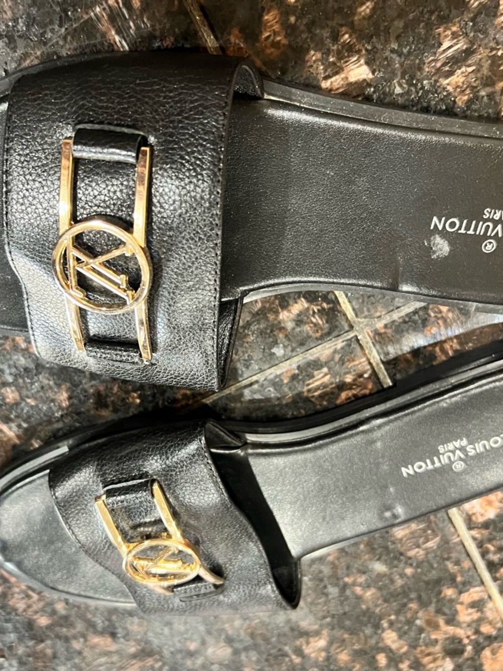Louis Vuitton Black Leather Logo Slide Mules with Gold Hardware